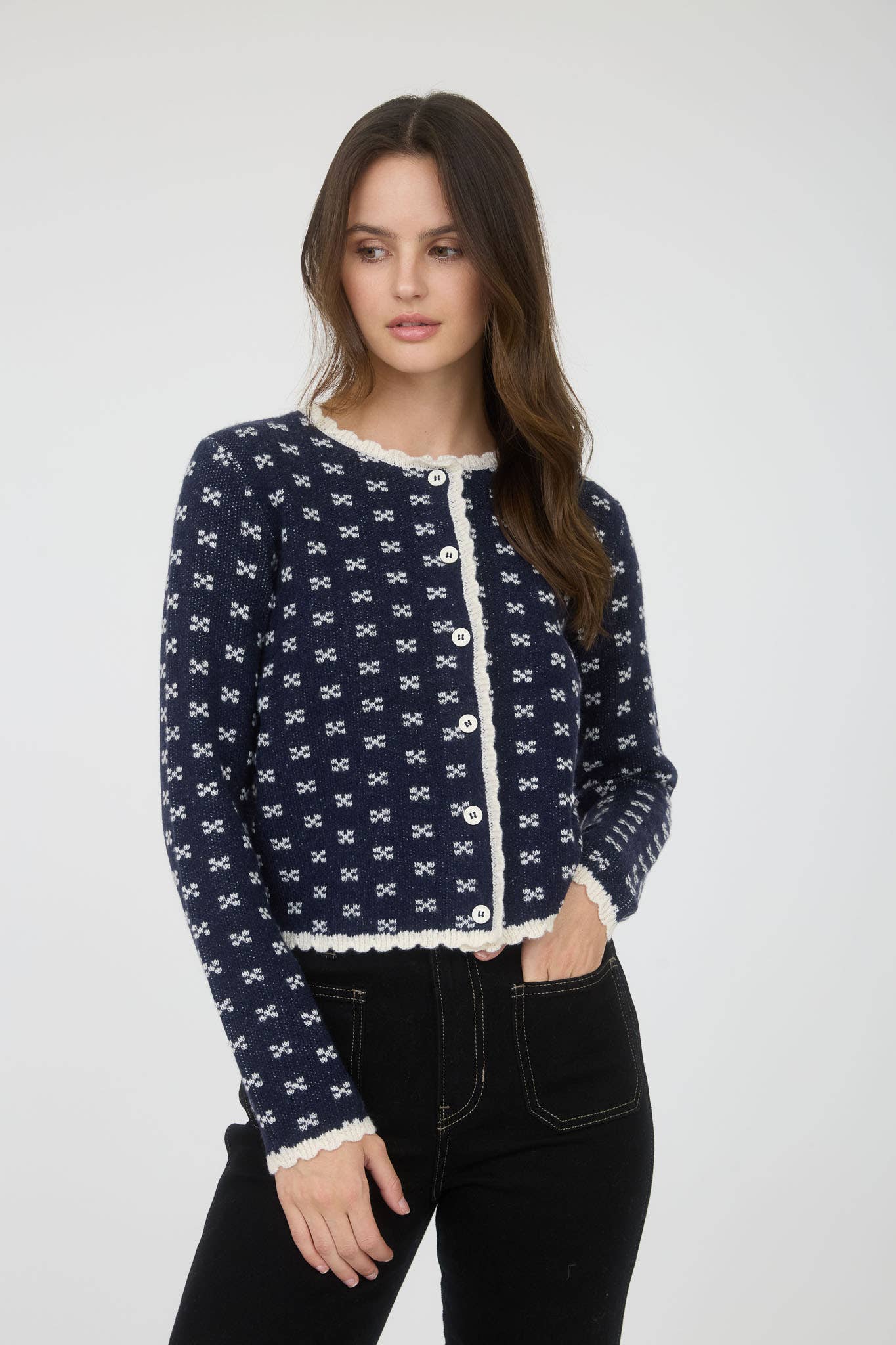 Scallop Trim Button Down Knit Cardigan