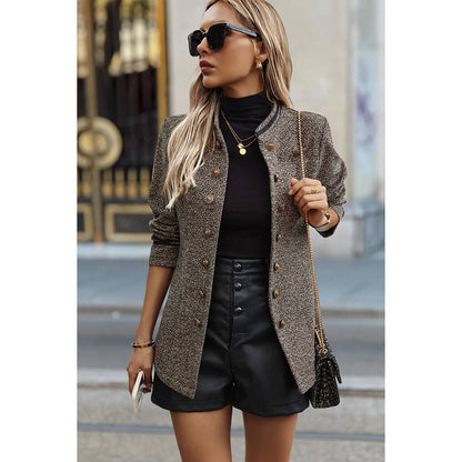 Solid Decorative Button Stand Collar Jacket
