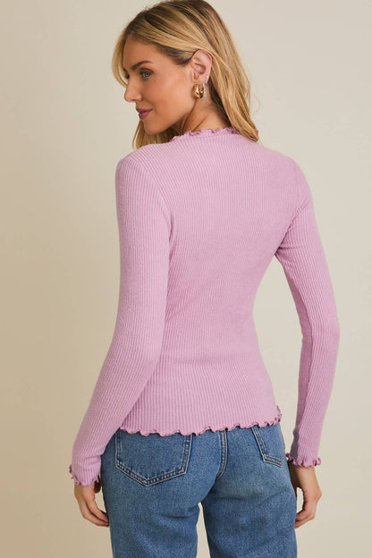 Long Sleeve Lettuce Hem Mock Neck Top