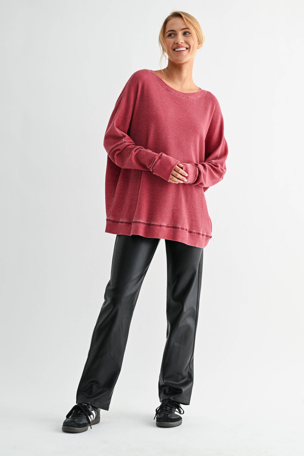 Waffle Ribbed Roundneck Pullover