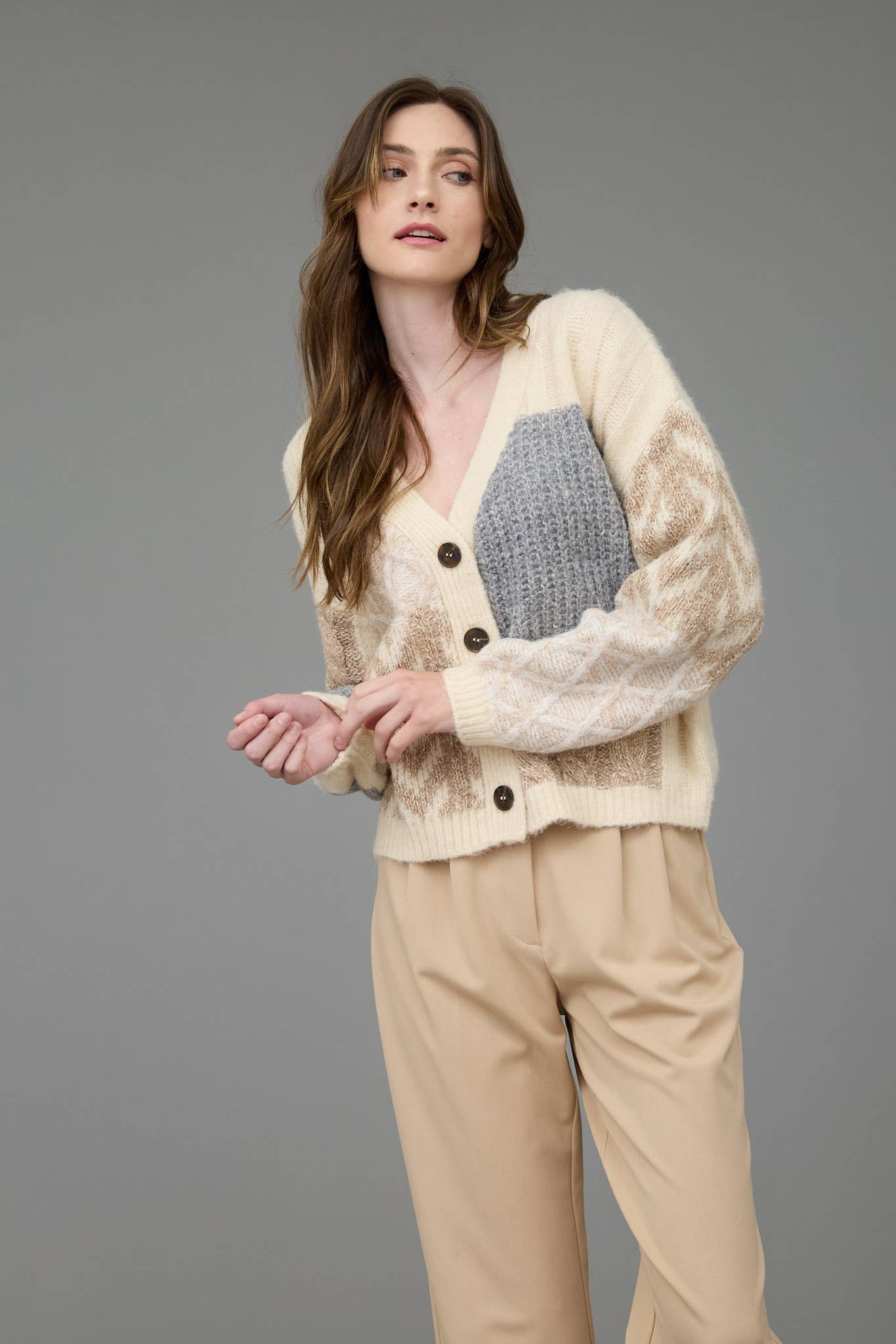 Patchwork Cable Knit Cardigan