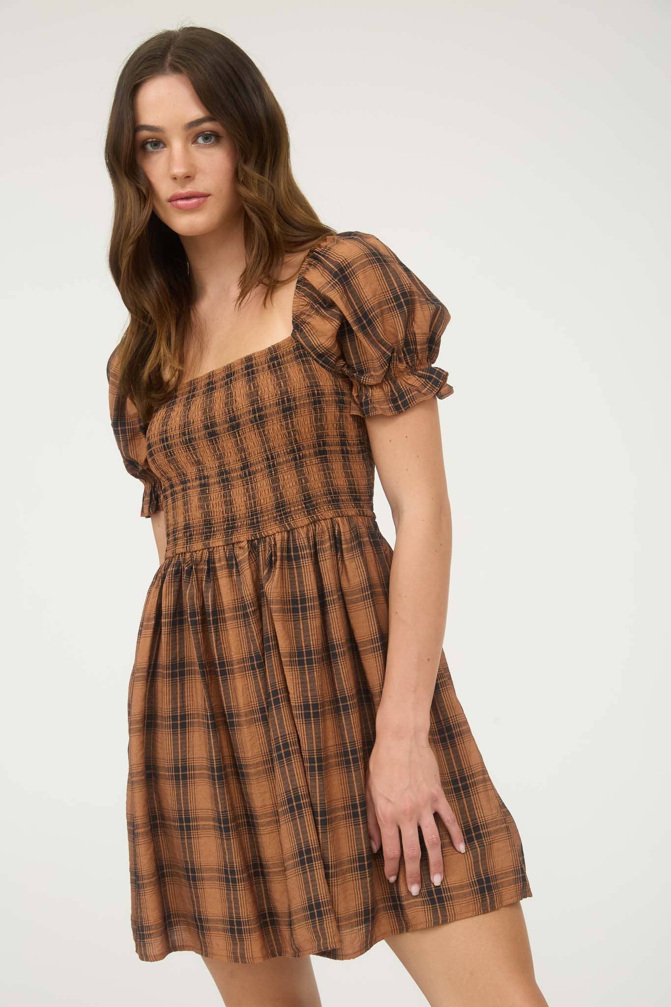 Plaid Smocked Puff Sleeve Mini Dress